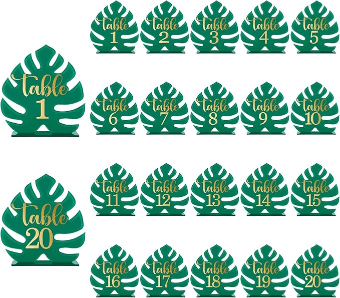 Palm Leaf Theme Wedding Acrylic Table Number 1-20 with 20Pcs Stands, 5"x7" Table Centerpiece Decor for Indoor Outdoor Tropical Safari Jungle Hawaiian Wedding Bridal Shower Anniversary