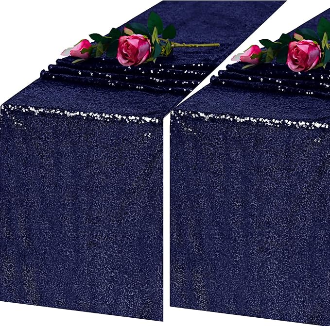 2 Pack Navy Blue Sequin Table Runner 12 x 108 Inch - High Density Sparkly Glitter Table Runners for Wedding Reception, Graduation Party, Baby Shower, Shimmering Navy Blue Decor