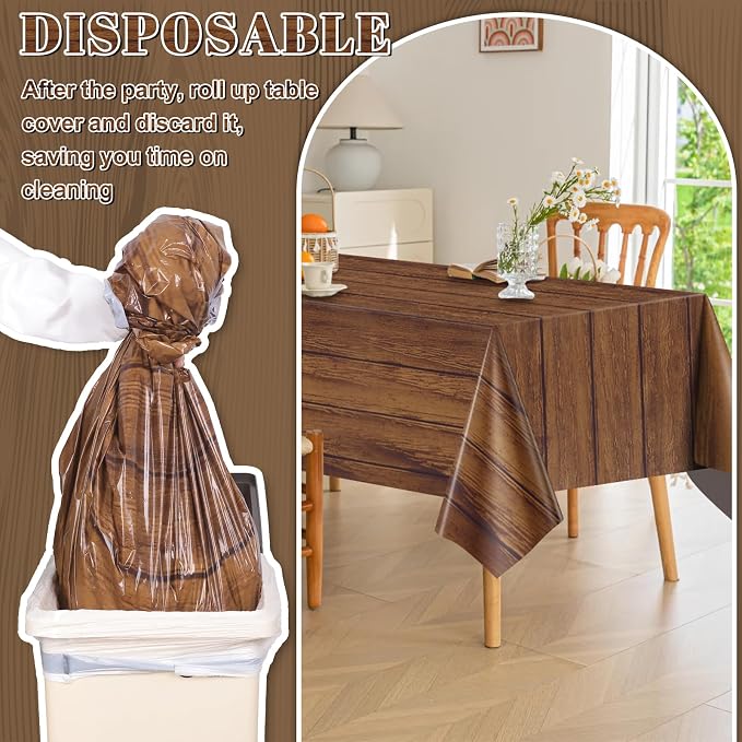 6 Pack Wood Grain Plastic Tablecloths, 54 x 108 In Rustic Table Covers | PE material, disposable and easy to clean, fits 8-10 seat tables, rustic farmhouse look for western barn parties