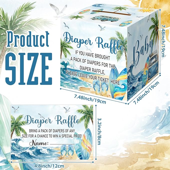 Teling 51 Pieces Diaper Raffle Tickets with Card Box Baby Shower Decorations Gender Reveal Holder Box for Girl Boy Diaper Raffle Party(Surf, Baby on Board)