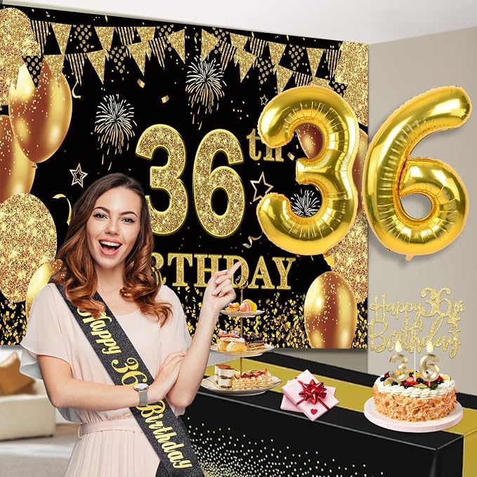 36th Birthday Decorations Men Women with 36th Birthday Banner, Black and Gold Table Cloth, Number Balloons, Large Sash, Cake Topper and Candles
