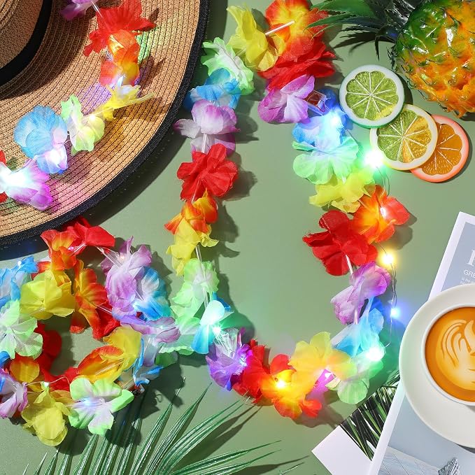 Sherr 48 Pcs LED Hawaiian Leis Light up Flower Leis Necklace with LED Lights Luau Flowers Necklaces for Masquerade Beach Wedding Tropical Themed Party Supplies(Rainbow)