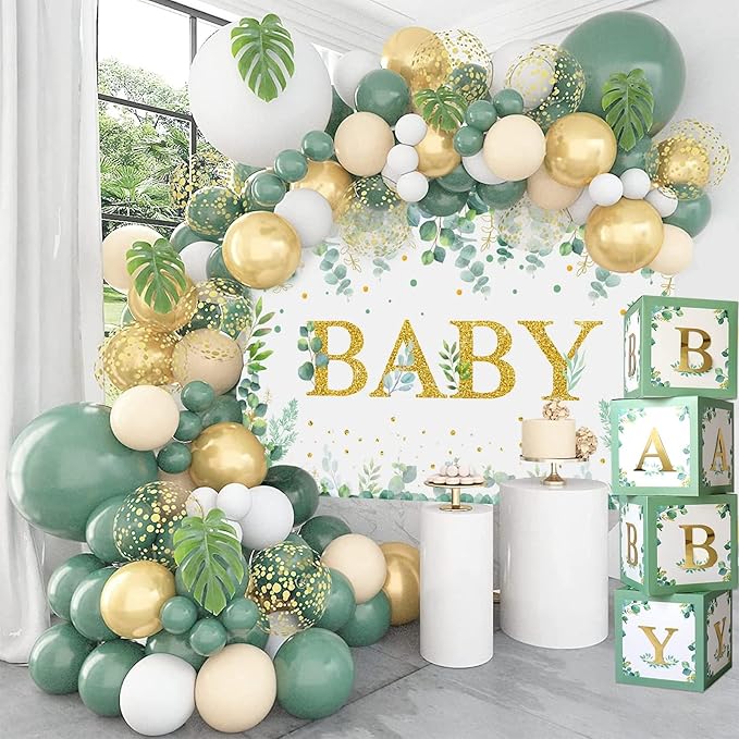 DataMoon Sage Green Baby Shower Decorations 125PCS Green Balloon Arch Kit, Balloon Boxes, Backdrop for Woodland Jungle Theme Baby Shower Decor Gender Reveal Birthday Party Supplies