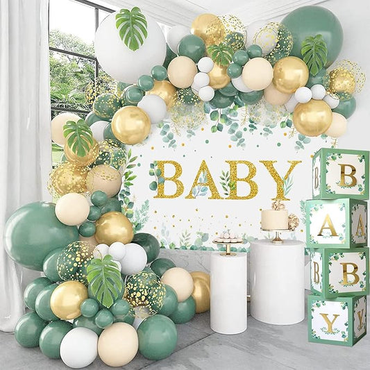 DataMoon Sage Green Baby Shower Decorations 125PCS Green Balloon Arch Kit, Balloon Boxes, Backdrop for Woodland Jungle Theme Baby Shower Decor Gender Reveal Birthday Party Supplies