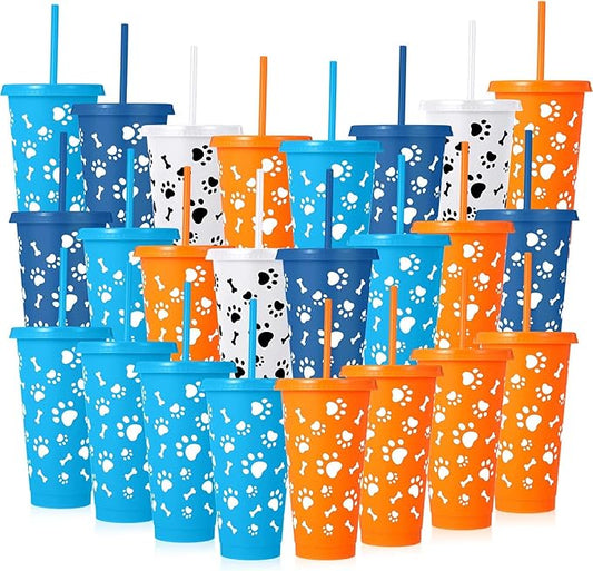 Newtay 24 Pieces Dog Paw Cups with Straws and Lid 24 oz Reusable Plastic Tumbler Black Blue Orange Dog Paw Cups Bulk for Cartoon Birthday Gender Reveal Party Favors Decoration Supplies