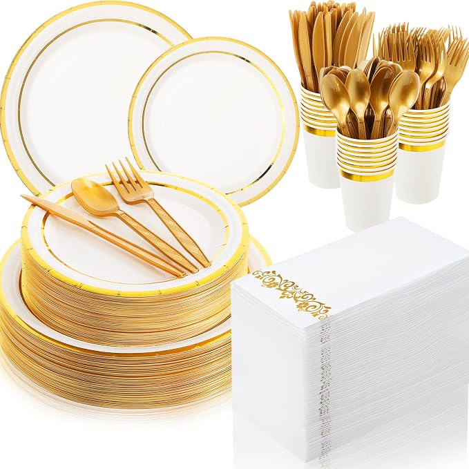 meekoo 350 Pcs Gold Plastic Dinnerware Set Disposable Paper Plates for 50 Guests 9in and 7in Dinner Dessert Plates Napkins Gold Rimmed Cups Knives Forks Spoons for Party Wedding (Round)