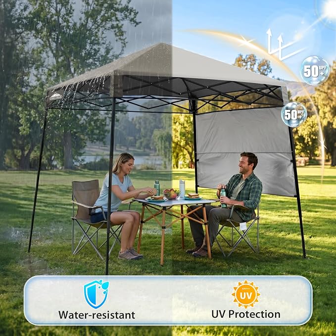 EAGLE PEAK 8x8 Pop Up Canopy Tent with Sidewall, Compact, Portable Slant Leg Instant Sun Shelter for Beach, Sports, & Camping, 8x8 Base 6x6 Top, Light Brown