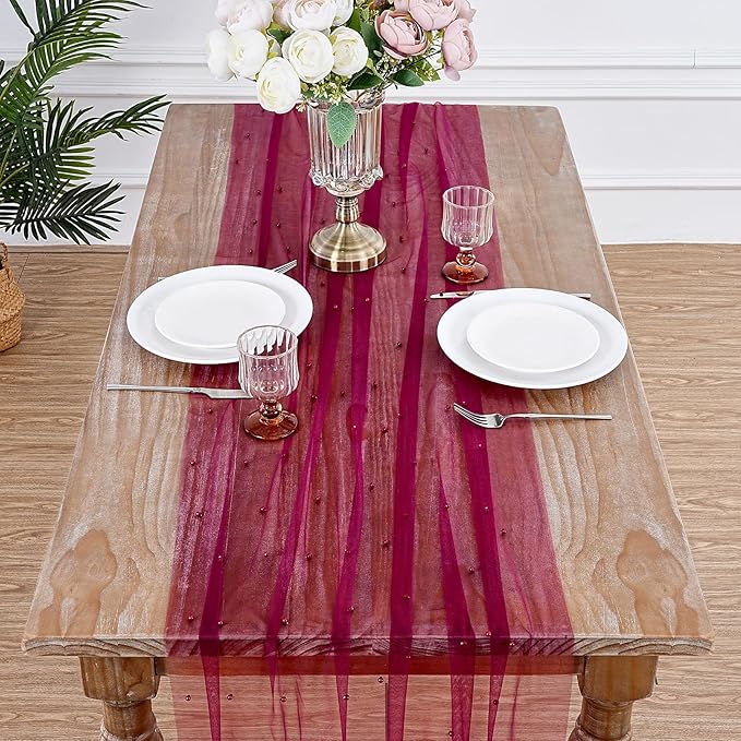 LuoluoHouse Pearl Tulle Table Runner Fabric - Burgundy 10ft Wedding Veil Seasonal Dessert Chiffon Pearl Lace Boho Overlay Wedding Aisle Runner Party Decorations Doilies