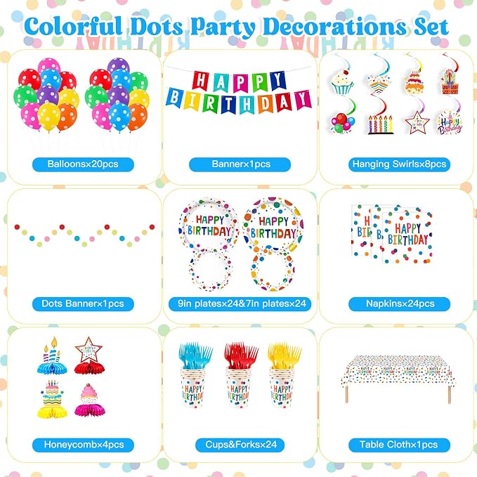 Colorful Dots Party Decorations,155pcs Happy Birthday Themed Party Decorations Include Tablecloth,Plate and Napkin,Cup,Fork,Banner,Balloon,Honey Comb ,Hanging Swirls, Colorful Party Supplies Serve 24