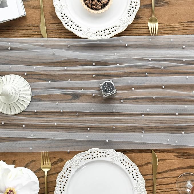 Artoid Mode 6PCS Pearl Grey Gauze Table Runner 120 Inch 10FT, Seasonal Sheer Dining Holiday Wedding Birthday Baby Shower Table Decor for Home Party