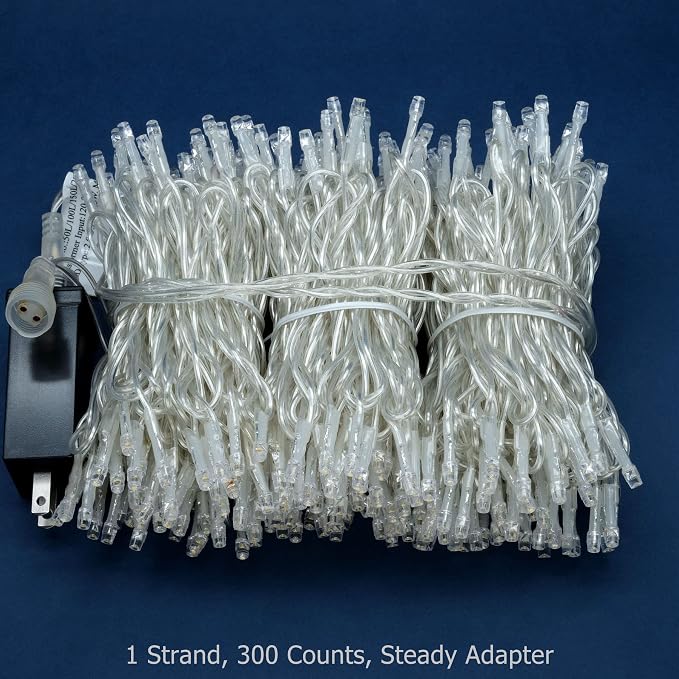 YULETIME 300 Warm White String Lights, 100 ft Clear Wire 8 Models 5mm LED | Wide Angle Bulbs, Safe 29V Adapter, Multimode Lighting, Connectable, 100' Total Length, 1-Strand 300 Lights, 4" Spacing