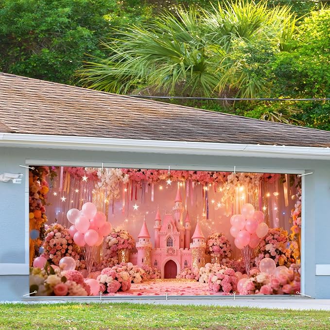 Valentine‘s Day Romantic Floral Garage Door Banner 7x16ft Waterproof -Pink Balloon Backdrop for Mother's Day, Wedding & Anniversary,Photo Booth Background Wall Decor