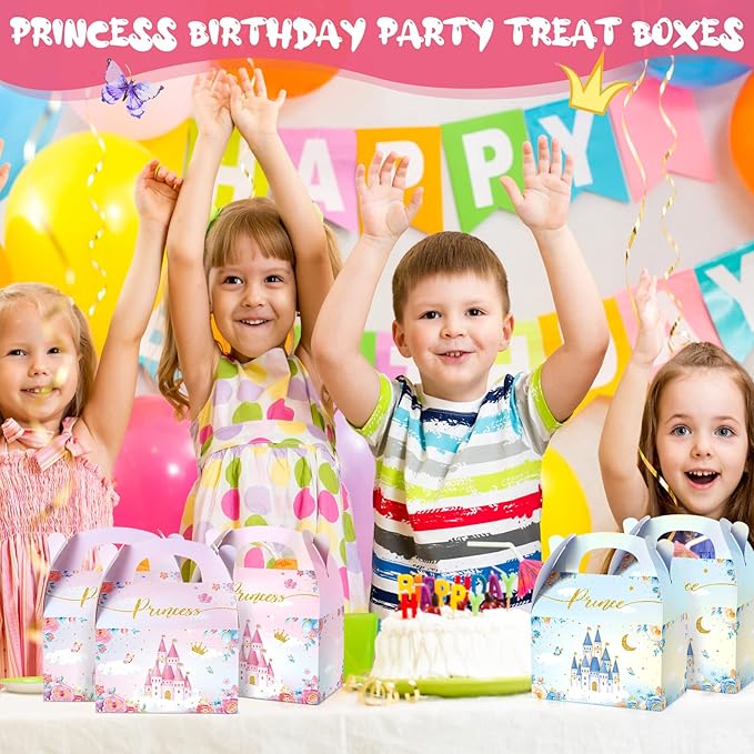 Nezyo Princess and Prince Treat Boxes - Pink & Blue Crown Cardboard Goodie Boxes for Birthday (36 Pcs,Prince and Princess)