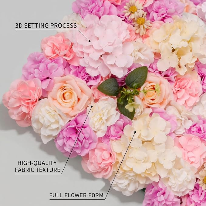3D Flower Wall Backdrop 6 Pack, 24x16 Inch Pink & Purple Artificial Rose Panels for Wedding, Party, Photo Studio, Home & Fence Decor