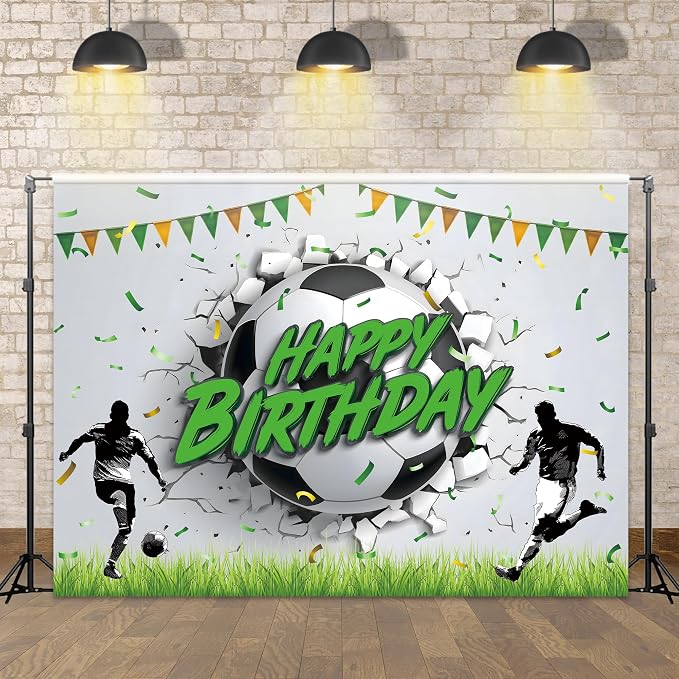 Soccer Happy Birthday Backdrop Football Theme Breaking The Wall Baby Party Banner for Kids Boys Photography Background Decoration Colorful Flags Green Grass Fabric Photo Shoot Studio Props
