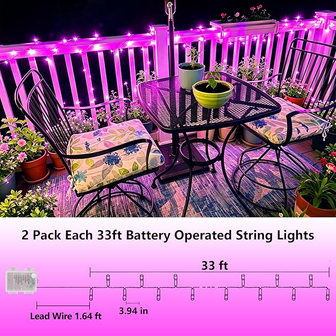 YEGUO Battery Operated String Lights, 2 Pack Each 33ft 100 LED Twinkle Fairy Lights Outdoor Waterproof, 8 Modes Clear Wire Pink Christmas Lights Indoor with Remote