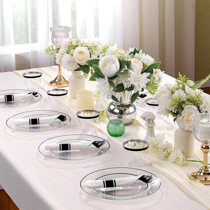 SUT 350 Pcs Black and Clear Plastic Dinnerware Set for 50 Guests, Include: 50 Dinner Plates, 50 Dessert Plates, 50 Pre Rolled Napkins With Silverware, 50 Cups, Disposable Plates for Party