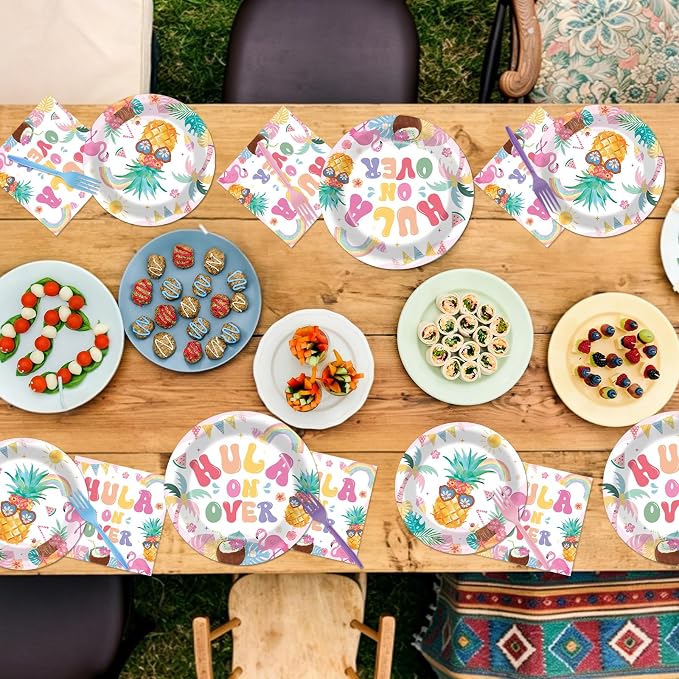 96Pcs Summer Birthday Party Supplies Pool Paper Plates Napkins and Forks Hawaii Party Decorations Hula on Over Dinnerware Favor for Men or Women Tableware Serves 24