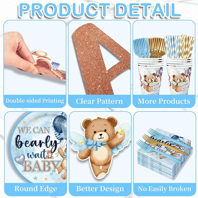 NeoRov 222 Pcs Blue Bear Baby Shower Decorations Tableware Set | Service 25 Guests | Includes Banner, Cake Topper, Balloons, Plates And Napkins Paper Cup | For Boy Baby Shower