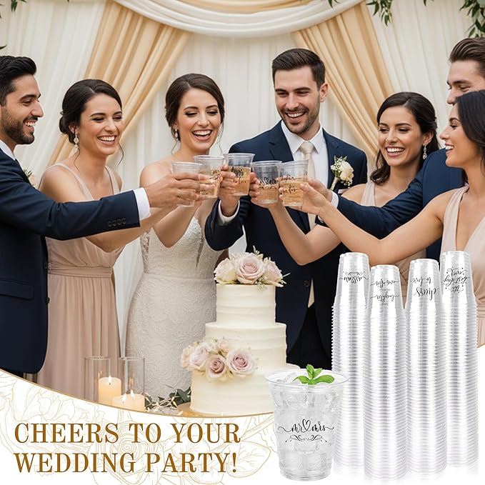 Edussy 200 Pack Disposable Wedding Plastic Cups Decor-4 Pattern 12 oz Mr and Mrs Cups for Wedding Stuff Decorations for Reception Bridal Shower Anniversary Party