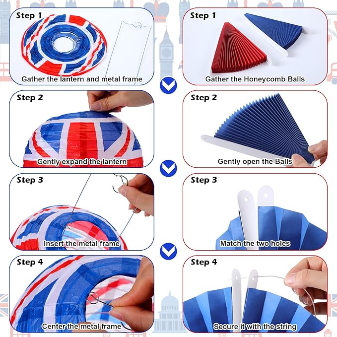 Retisee 18 Pcs British Party Decorations Britain UK England Flag Hanging Paper Lanterns Red White Blue Honeycomb Fans Honeycomb Ball for Hanging Coronation Union Jack Party Decoration