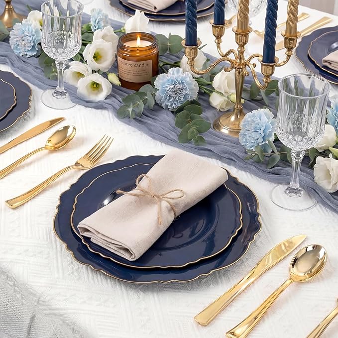 WDF 100pcs Blue Plastic Plates - Baroque Blue&Gold Disposable Plates for Parties/Wedding-50Plastic Dinner Plates 10.25in, 50Salad Plates 7.5in for Party/Birthday/Wedding/Graduation