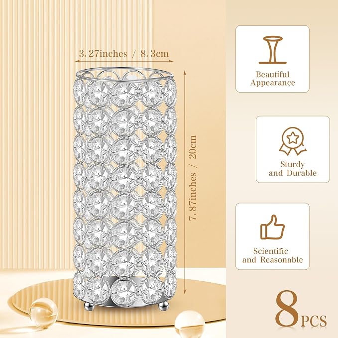 Dandat 8 Pcs Crystal Flower Vase for Wedding Table Centerpieces 7.87 in Crystal Pillar Metal Cylinder Flower Vase Stand for Christmas Wedding Decor Gifts Arrangement Event(Silver)