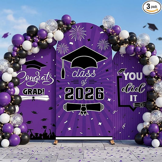 WovWeave Graduation Arch Backdrop Stand Cover Set of 3-4ft 5ft 6ft Grad Arch Cover Photo Booth Backdrop Decorations for Graduation Party Decor Supplies (Purple,Class of 2026)