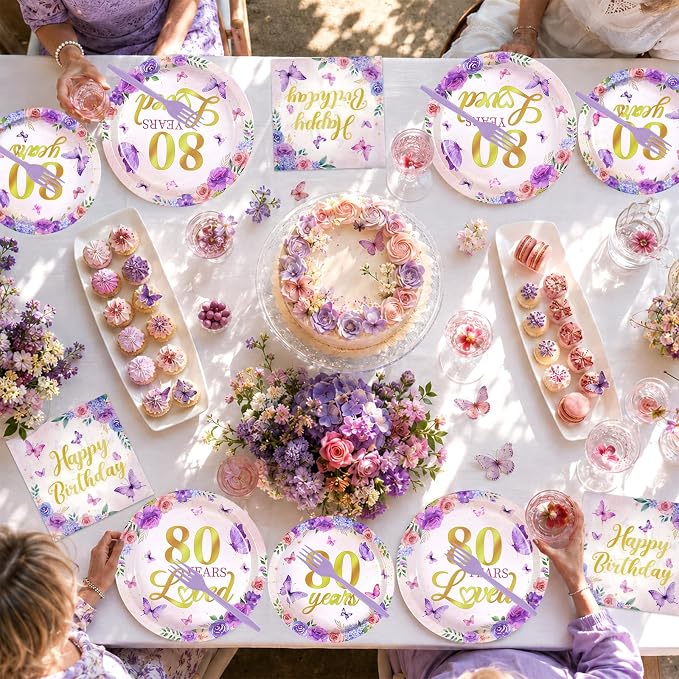 96Pcs 80th Birthday Party Decoration Purple Floral Butterfly Plates and Napkins 80 Years Loved Tableware Set for 1946 Woman 80 Year Old Mom Grandma Birthday Party Supplies Serves 24