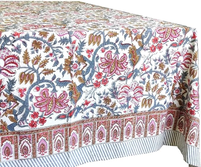 ATOSII Eden 100% Cotton Fall Tablecloth, Handblock Floral Print Rectangle Linen for Kitchen Dining I Parties Wedding Christmas Thanksgiving Outdoors I Spring Summer 72 X 120 Inches I 10 Seater Table