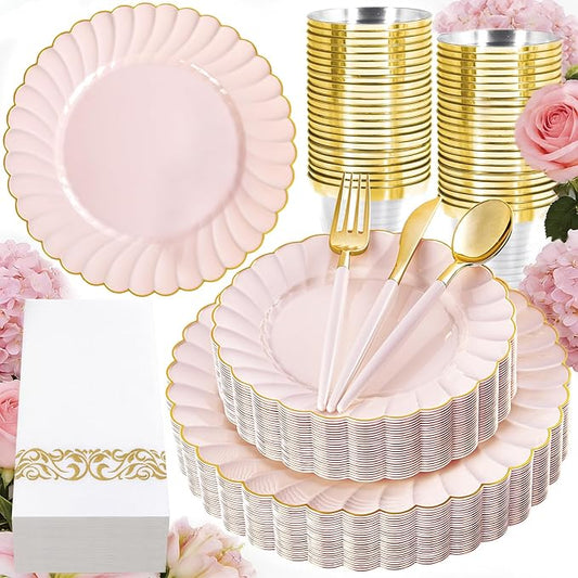 Ciaell 175 PCS Pink Scalloped Plastic Plates with Gold Trim - Pink Plastic Silverware with Handle - Fancy High-End Dinnerware Sets for Wedding & Baby Showers & Party & Mother's Day
