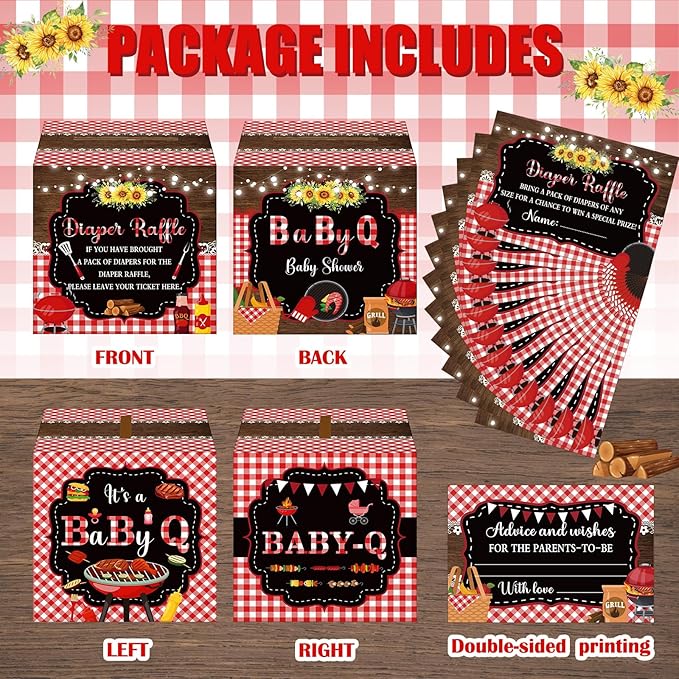 Teling 51 Pieces Diaper Raffle Tickets with Card Box Baby Shower Decorations Gender Reveal Holder Box for Girl Boy Diaper Raffle Party (BBQ Style)