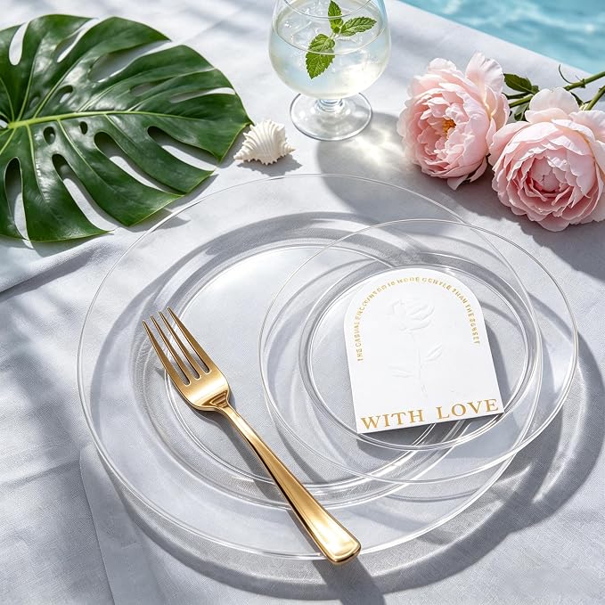 FLOWERCAT 60PCS Clear Plastic Plates - Disposable Clear Plates Heavy Duty for Summer Party/Wedding/Birthday- Include 30PCS 10.25inch Dinner Plates and 30PCS 7.5inch Dessert/Salad Plates