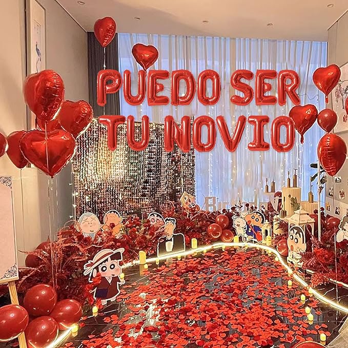 2 Set Red PUEDO SER TU NOVIO Balloons - 1200pcs Red Artificial Rose Petals 30pcs 16" Letter Balloon 10pcs 18" Heart Balloons Alphabet Foil Mylar Balloon for Valentines Day Decorations