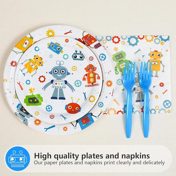 Grencian 96Pcs Robot Birthday Party Supplies Robot Themed Plates and Napkins Disposable Tableware Set for Boys Kids Birthday Party Baby Shower Decorations Serves 24
