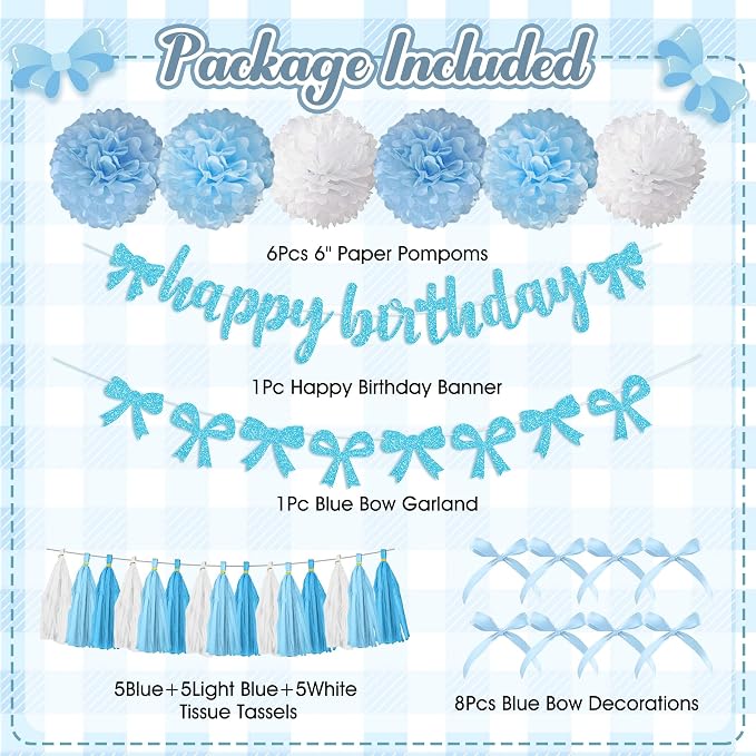 Light Blue Bow Birthday Party Decorations, Coquette Bow Blue and White Confetti Long Balloons Happy Birthday Banner Fringe Curtain Tassel Pompoms For Women Girls Theme Baby Shower Party Decorations