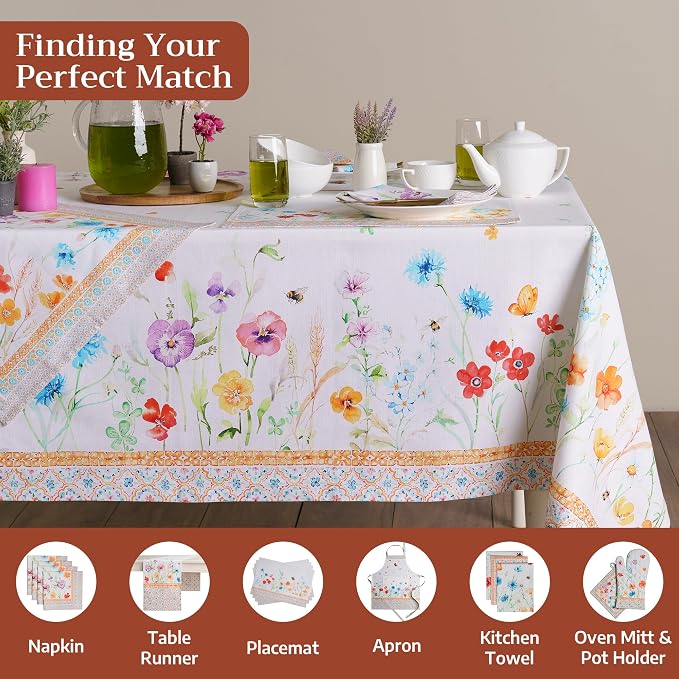 Maison d' Hermine Table Cloth Rectangle Table 100% Cotton 70 x 140 Inches Tablecloth Reusable Decorative for Dining Kitchen Room Farmhouse Party Home Hotel Restaurant Spring Summer - Summer Whisper