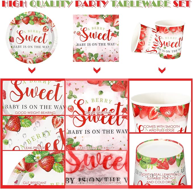 Sliner 175 Pcs Strawberry Baby Shower Paper Plates Napkins Cups Gender Reveal Party Supplies Tableware Set a Berry Sweet Baby Is on the Way Disposable Plates for 25 Guest Girls Summer Party Decoration