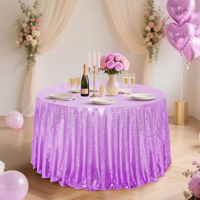 Eternal Beauty Lavender Tablecloth, 120 Inch Round Sequin Tablecloth for Party Cake Dessert Table Exhibition Events