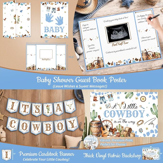 Cowboy Baby Shower Decorations for Boy, A Little Cowboy is on the Way Party Supplies, Western Rodeo Baby Shower Decor, It's a Boy Gender Reveal, Balloon Box Banner Backdrop Stickers Sash Cake Topper