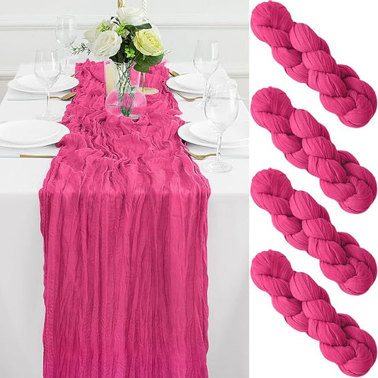 4Pack Hot Pink Cheesecloth Table Runner 10FT Gauze Hot Pink Cheese Cloth Table Runner 35x120Inch Long Boho Spring Easter Table Runners Rustic Sheer Table Runners for Wedding Baby Bridal Shower Decor