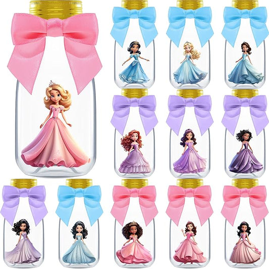 Ethisa Small 12 Pack Princess Party Favors - DIY Candy Jars with Ribbons and Stickers - Party Decoration Bottles for Birthday, and Baby Shower for Girls - Table Centerpieces