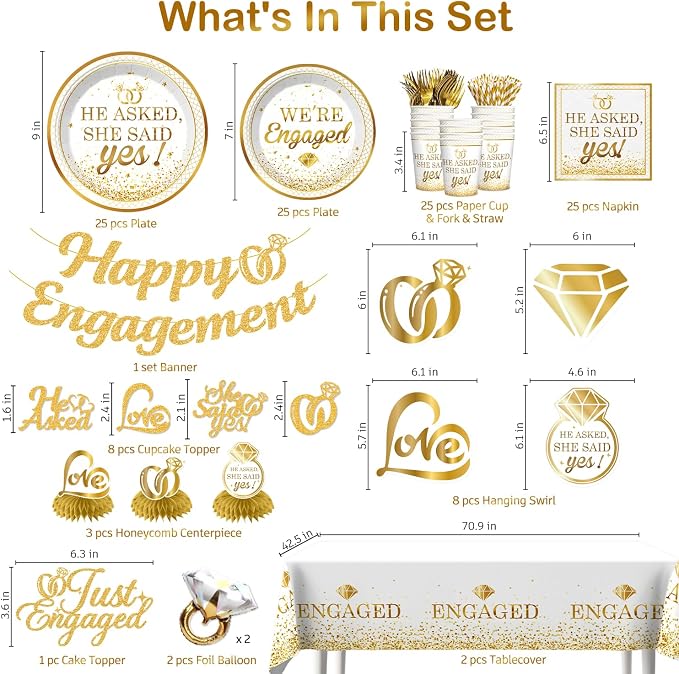 Engagement Party Decorations, Happy Engagement Banner Ring Foil Balloons He Asked She Said Yes Disposable Dinnerware with 2 Pcs Waterproof Engaged Tablecloth Wedding Proposal Decorations Party Decor