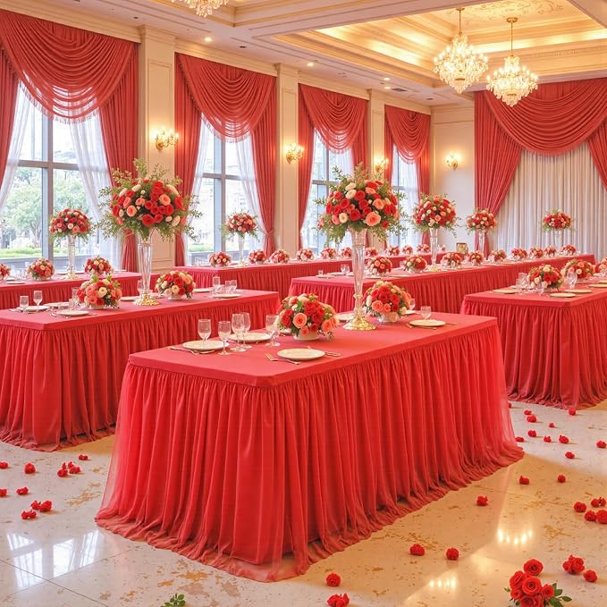 Suppromo 6 Pack 8ft Red Tulle Tablecloths for Rectangle Tables 8 Foot Red Rectangular Table Cloth Wrinkle Free Tablecover with Tutu Skirt for Baby Shower Wedding Birthday Party Banquet Buffet Cake
