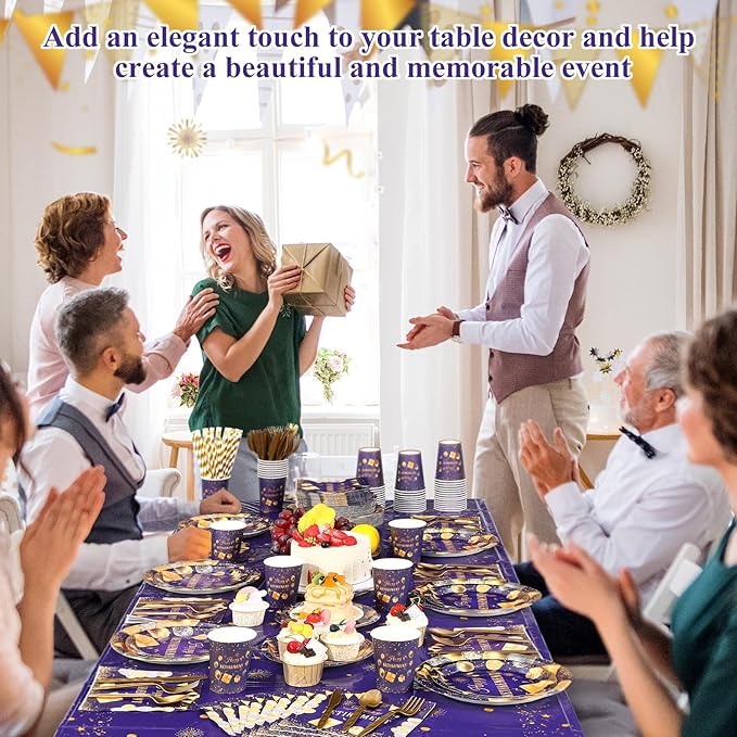 Funnymoom 452 Pcs Retirement Party Decorations Supplies Women Set Include Purple and Gold Retirement Paper Plates Napkins Cups Tablecloth Cutlery Straws for Men Women Say Goodbye Party