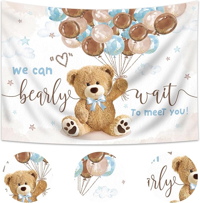 Bear Baby Shower Backdrop 8Wx6H Feet We Can Bearly Wait for Boys Balloons Gold Dots Cute Cartoon Polyester Fabric Newborn Photography Backgrounds Photo Shoot Decor Props Decoration