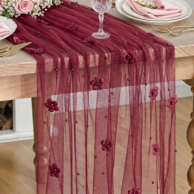 Artoid Mode Burgundy Flower Pearl Burgundy Gauze Table Runner 10FT, Seasonal Sheer Dining Holiday Wedding Birthday Baby Shower Table Decor for Home Party