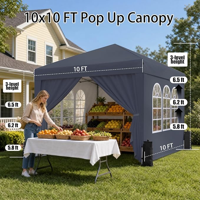 SANWAY 10x10 Pop Up Canopy with Sidewalls, Easy Setup Instant Canopy Tent, Portable with Carry Bag for Outdoor Events, Camping, and Backyard Parties – Dark Gray