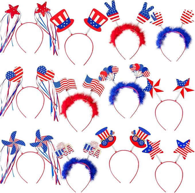 Moon Boat 12PCS 4th of July Headbands, Fourth of July Party Decorations Accessories, Patriotic Red White Blue USA Outfit Favors for Independence/Memorial Day
