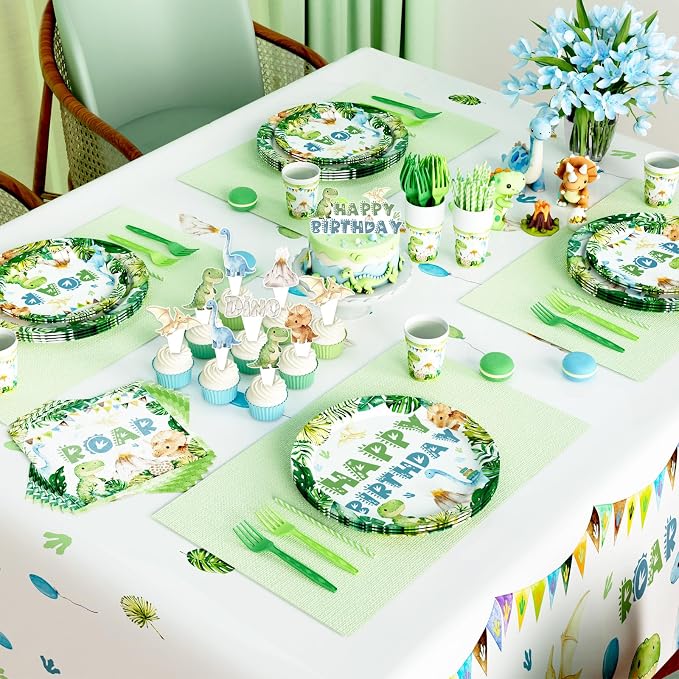 Hombae Dinosaur Birthday Decorations, Dinosaur Birthday Party Supplies with Tableware, Plates, Napkins, Hanging Swirls for Boys Dino Theme Party, Serves 24